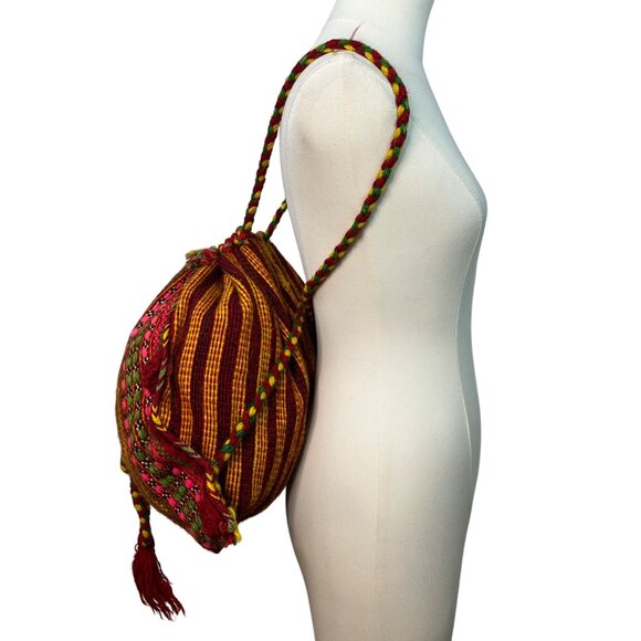 Handmade Knitted Backpack Multicolor Striped With Geometric Pattern Drawstrings - Picture 6 of 9